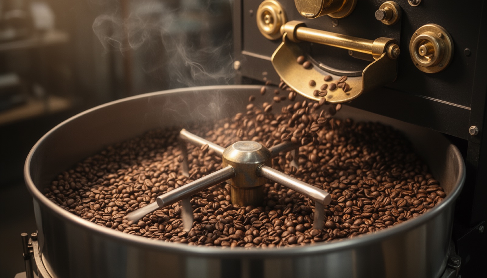 Freshly roasted coffee cooling in a drum roaster's tray