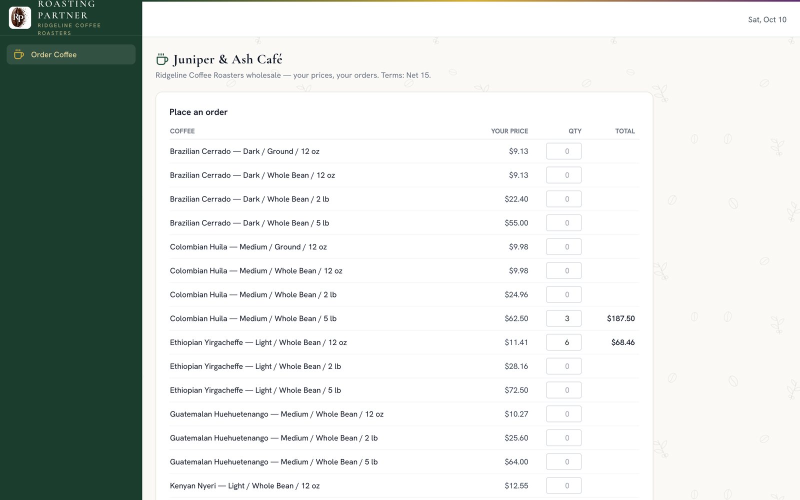 Wholesale portal with a customer's price list, an order in progress, order history and invoices