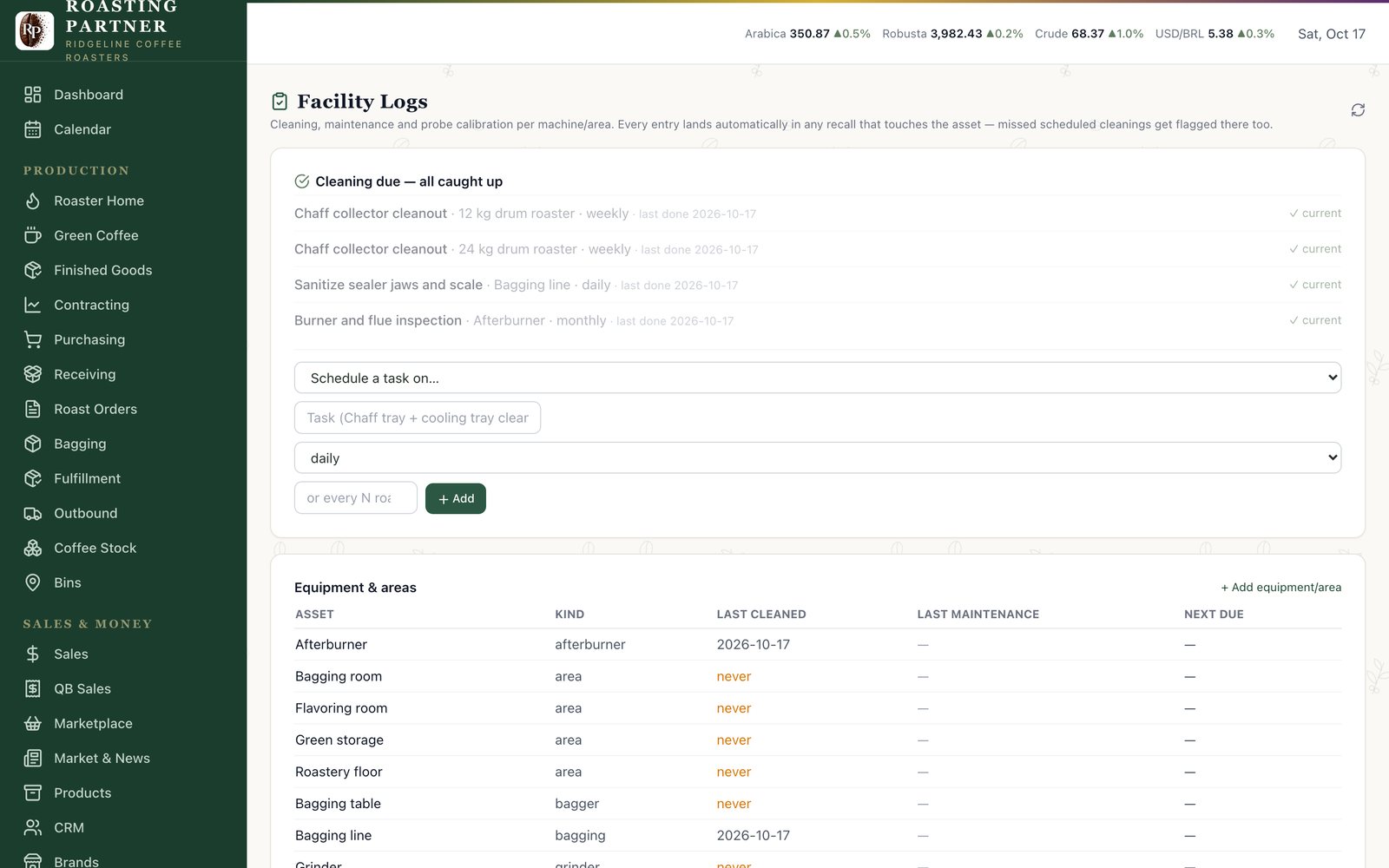 Facility logs screen with equipment and cleaning schedule