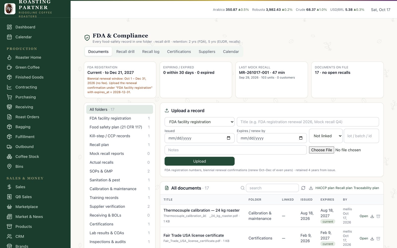 FDA and Compliance folder with record categories, expiry dates and the compliance calendar